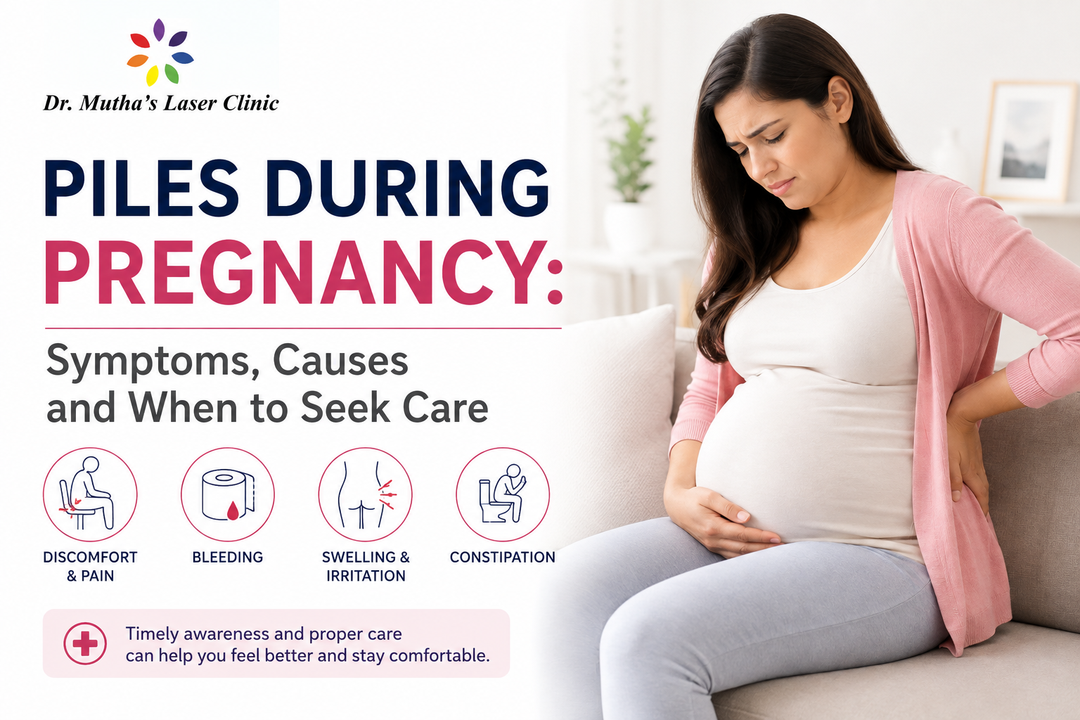 Pregnant woman learning about piles during pregnancy symptoms and when to seek medical care