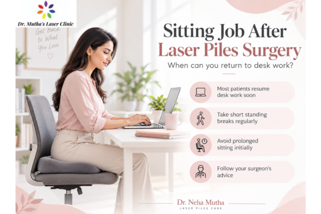 Woman working at a desk after laser piles surgery, with recovery tips from Dr. Neha Mutha, Pune.