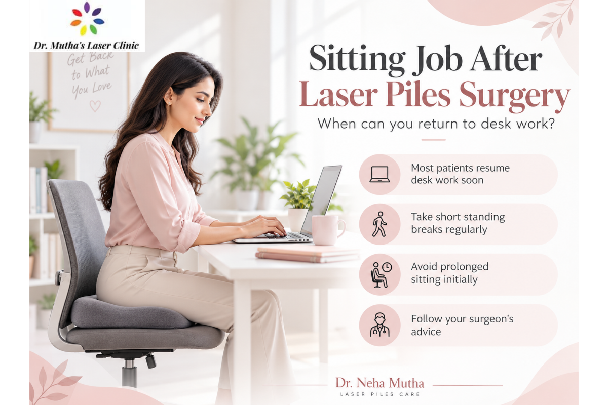 Sitting Job After Laser Piles Surgery – Dr. Neha Mutha Woman working at a desk after laser piles surgery, with recovery tips from Dr. Neha Mutha, Pune.